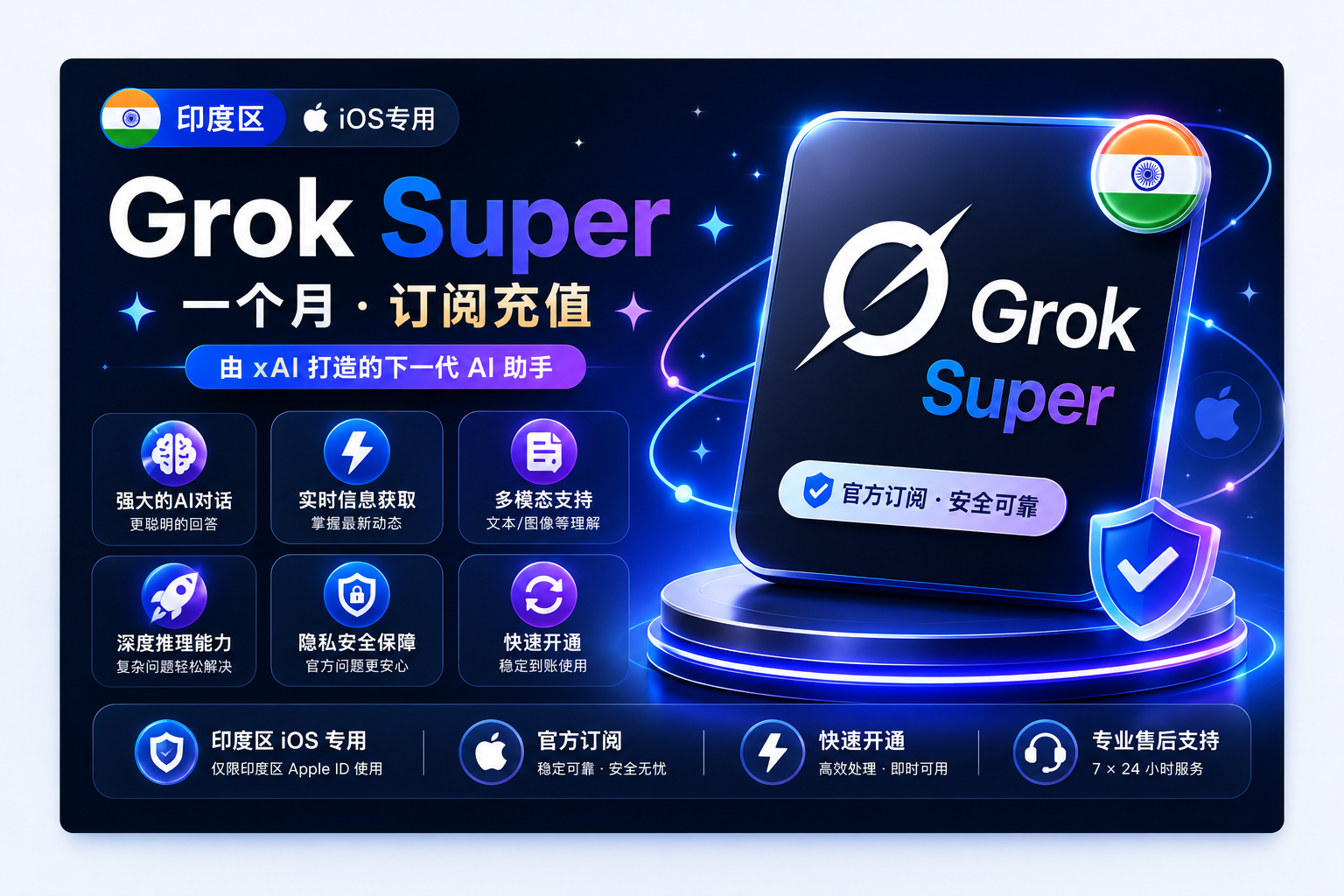 【安卓IOS通用】印度区IOS Grok Super 一个月充值